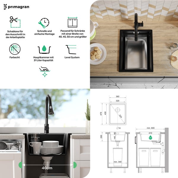 PRIMAGRAN Spülbecken Schwarz 36x47cm, Granitspüle 1 Becken + Ablauf-Set + Aufrollbare Abtropffläche, Küchenspüle ab 40er Unterschrank - Praga Slim