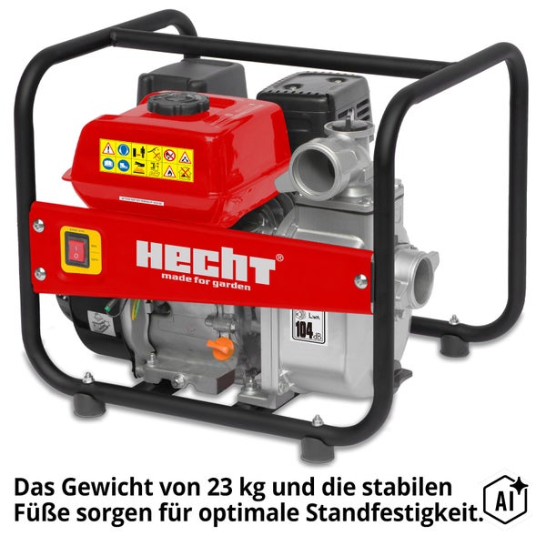Hecht Benzin Wasserpumpe in einem robusten Rohrrahmen mit Hecht Logo für Garten und Bewässerung.