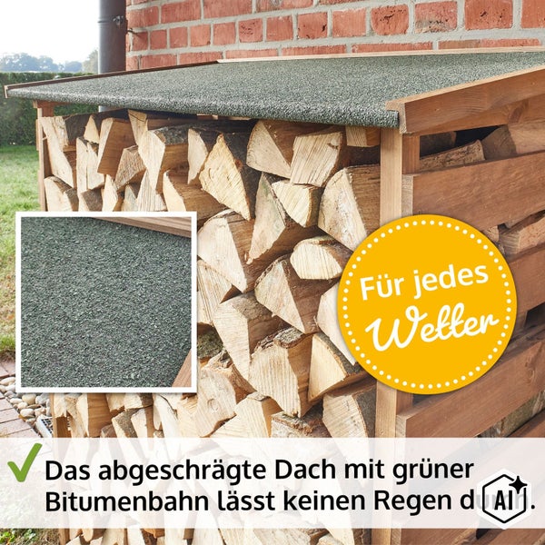 Holzlege aus Holz mit schrägem Dach und Bitumeneindeckung als Wetterschutz für Brennholz im Außenbereich.