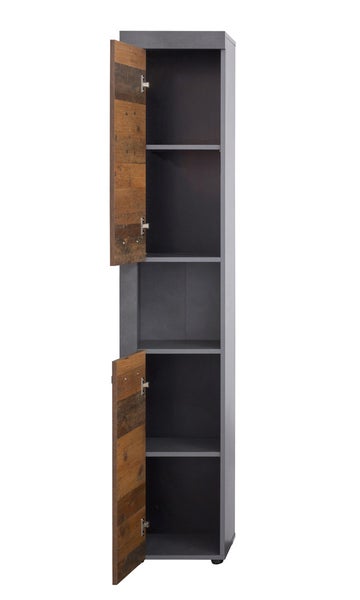 CancunIndy Bad Hochschrank 2 Türen, 1 offenes Fach Eiche Dekor, Old Wood Dekor. 36 X 31 X 184 cm