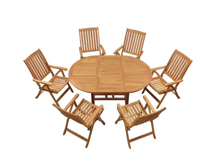 Teak Sitzgruppe 6 Hochlehner klappbar 1 Tisch ausziehbar rund 120 cm im Set