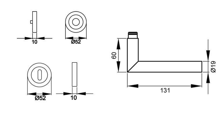 Technische Zeichnung eines Türdrückers mit Maßen: Griff 131 mal 60 Millimeter, Durchmesser 19 Millimeter, Rosetten Durchmesser 52 Millimeter.