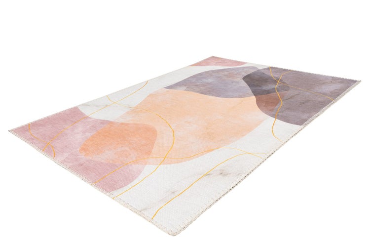 Rechteckiger Teppich mit modernem abstraktem Muster in Rosa, Orange und Grau mit gelben Linien.