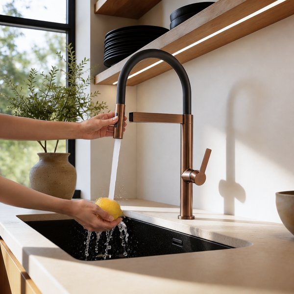 Moderne Küchenarmatur mit Ausziehbrause über einem dunklen Spülbecken in einer hellen Küche beim Waschen einer Zitrone.