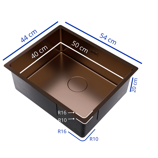 Einbau-Küchenspüle aus Metall mit Maßen von 54 mal 44 Zentimetern und 20 Zentimetern Tiefe inklusive technischer Bemaßungszeichnung.