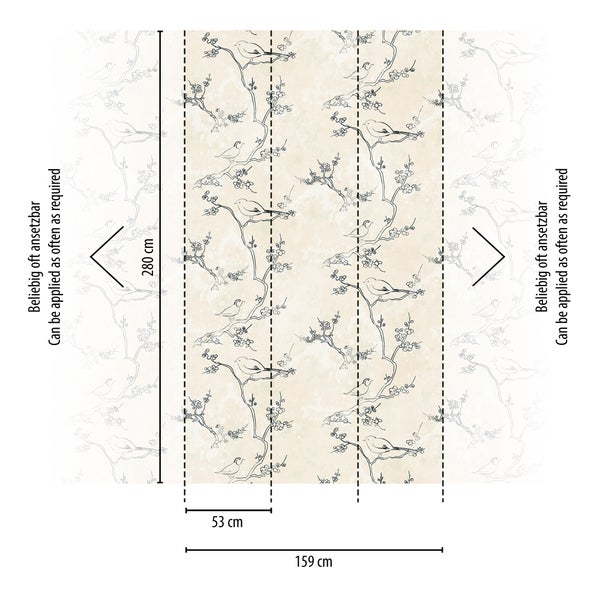 Vliestapete mit Vogel- und Zweigmuster, Höhe 280 Zentimeter, Breite 159 Zentimeter, drei Bahnen à 53 Zentimeter, beliebig oft ansetzbar.