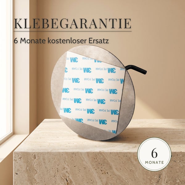 Infografik zur Klebegarantie mit sechs Monaten kostenlosem Ersatz für Klebebefestigungen mit 3M Schaumklebeband auf einem runden Träger.