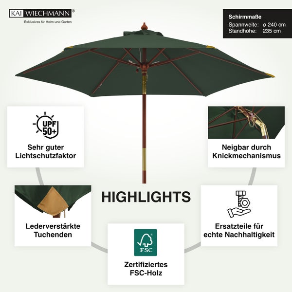 Sonnenschirm 240 cm grün dunkelgrün kippbar Windauslass UV-Schutz 50