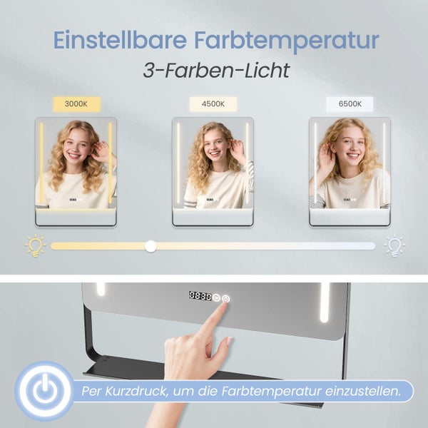 Badezimmerspiegel mit einstellbarer Farbtemperatur und Touch Bedienung zur Lichtsteuerung.