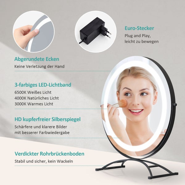 EMKE Kosmetikspiegel mit Beleuchtung ф40cm, Tisch-Standspiegel, mit Touchschalter & Memory-Funktion, 3 dimmbare Lichtfarben, 360° drehbar, bohrfrei, Schwarz