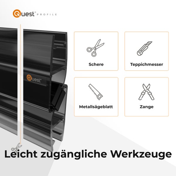Quest Profile Logo, leicht zugängliche Werkzeuge wie Schere, Teppichmesser, Metallsägeblatt und Zange