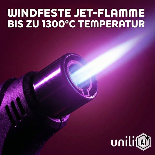 Unilite Gasbrenner mit windfester Jet-Flamme bis zu 1300 Grad Celsius Temperatur.