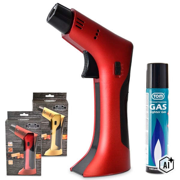 Gasbrenner mit Feuerzeuggas in der Dose und Verpackung