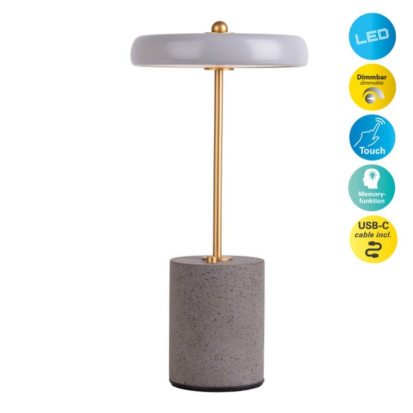 Akku Tischleuchte SETA grau 30 cm hoch aus Metall und Beton, mit fest verbauter LED