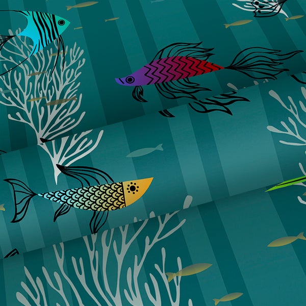 Walls4You Tapete Fische Meeresgrün und Mehrfarbig - 53 cm x 10 m - 640134