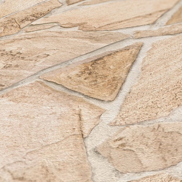 Innenraum mit Steinwand, Kommode, Zimmerpflanze und Plattenspieler