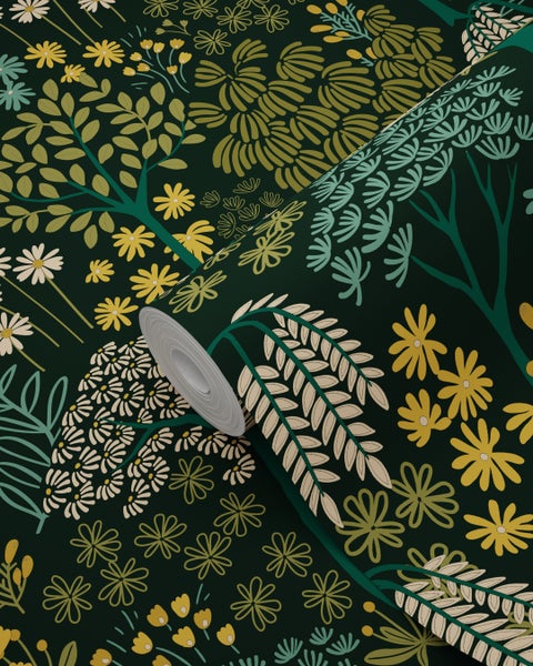 ESTAhome Tapete Bäumen und Blumen Blaugrün und Gelb - 50 x 900 cm - 131190