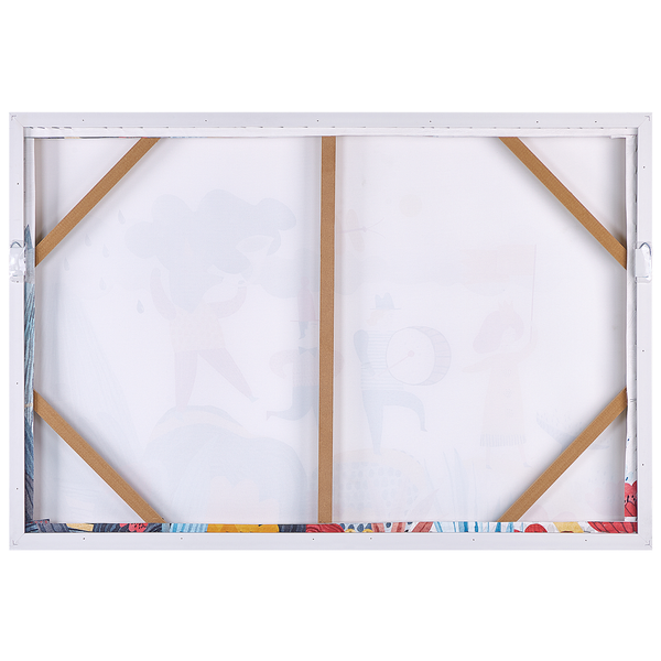 Rückseite einer Leinwand mit weißem Rahmen und Holzkeilrahmen