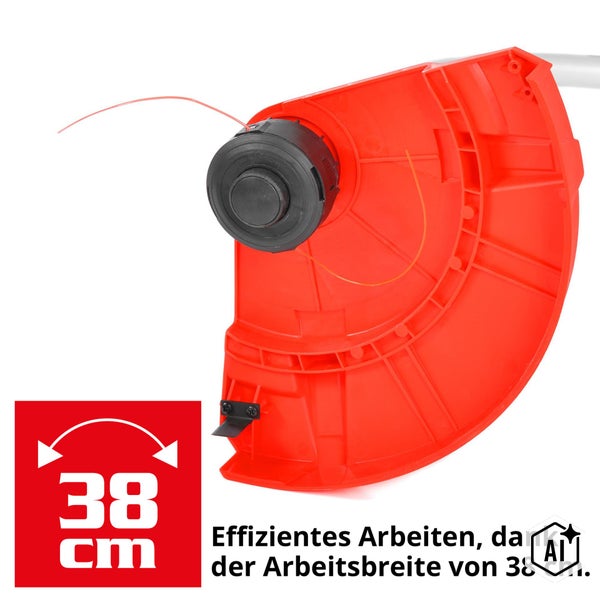 Fadenspulenkopf eines Rasentrimmers mit Schutzhaube und 38 Zentimeter Schnittbreite für effizientes Arbeiten.