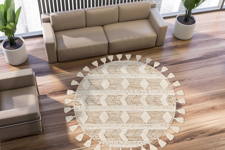 Kurzflor Teppich Whisperia Bunt 18 mm Neuseelandwolle / Baumwolle Boho handgewebt Ø 160 cm