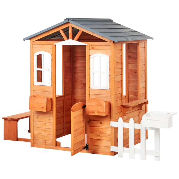 Spielhaus aus Holz mit Fenster, Tür, Briefkasten und Sitzbank