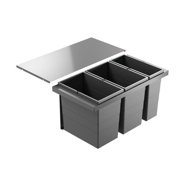 Einbau-Abfalltrennsystem mit drei dunkelgrauen Kunststoffbehältern und einem silbernen Metalldeckel.