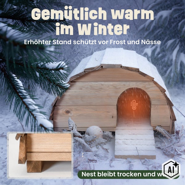 Igelhaus aus Holz mit erhöhtem Boden für Schutz vor Bodenkälte und Nässe im Winter.