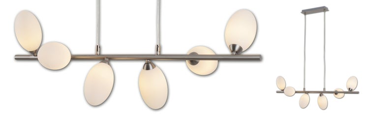 Hängelampe mit fünf Leuchten und mattierten Glasschirmen