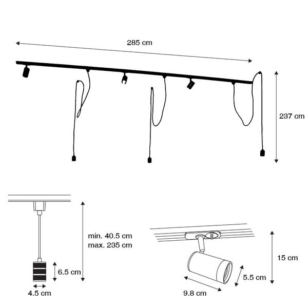 1-Phasen-Schienensystem mit 3 Strahlern und 3 Hängelampen schwarz - Cavalux Jeana