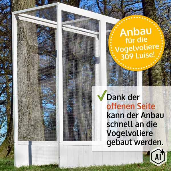Anbauelement für die Vogelvoliere 309 Luise aus Holz mit Drahtgeflecht für die einfache Erweiterung im Außenbereich.