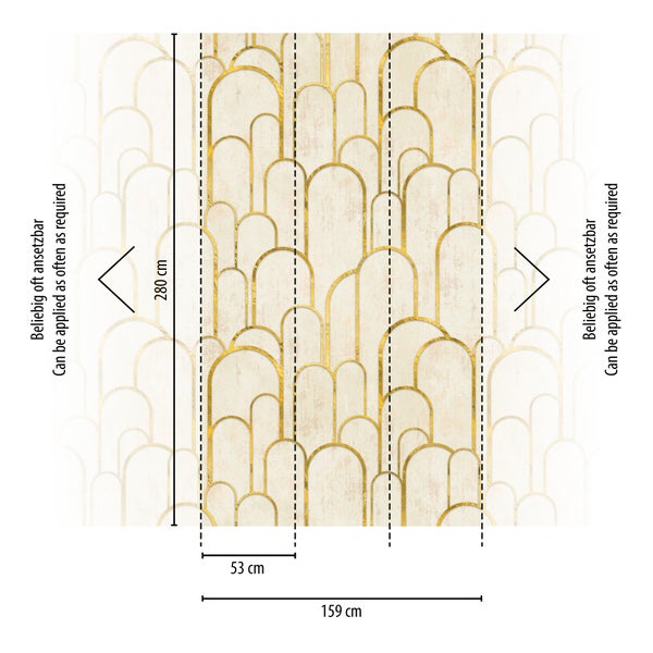 Fototapete mit Art-déco-Bogenmuster, Maße 280 Zentimeter mal 159 Zentimeter, beliebig oft ansetzbar, Einzelbahnen von 53 Zentimeter Breite.
