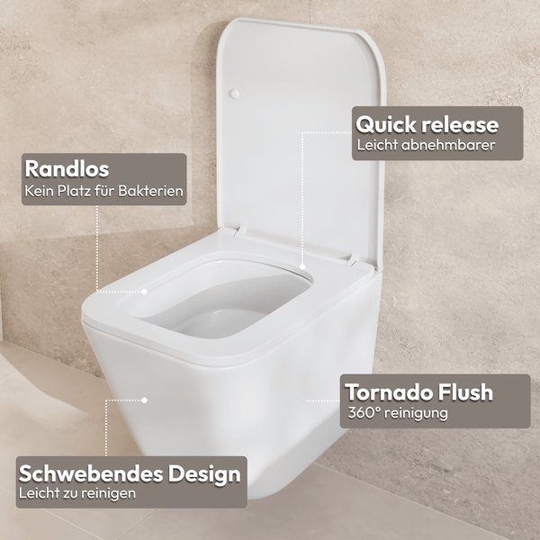 Hängendes Wand WC mit Spülrandlos Funktion, Tornado Spülung, Quick Release Sitz und schwebendem Design.