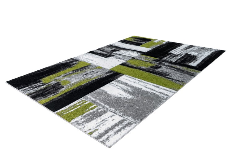 Moderner Teppich in Schwarz, Grau, Weiß und Grün mit abstraktem geometrischem Blockmuster und Streifen.