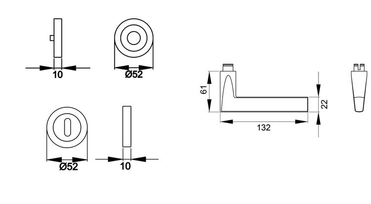 Maßzeichnung eines Türdrückers mit Rosetten: Grifflänge 132 Millimeter, Rosettendurchmesser 52 Millimeter, Tiefe 10 Millimeter.