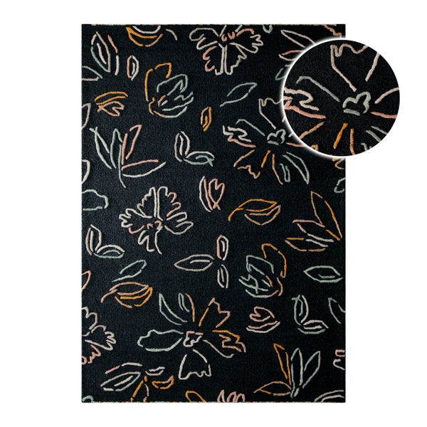 Rechteckiger Teppich mit floralem Linienmuster und einer kreisförmigen Detailansicht der Oberflächenstruktur.