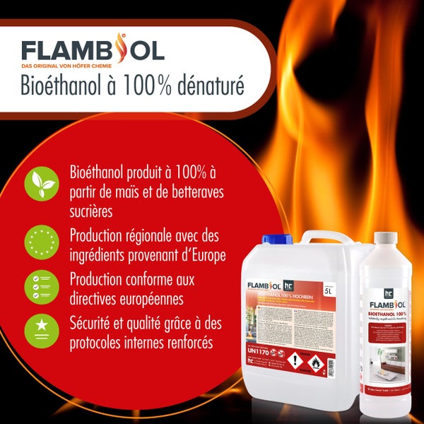 Bioethanol Kanister und Flasche der Marke Flambiol
