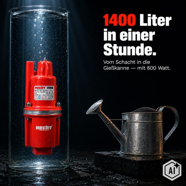 Hecht 3166 Tauchpumpe in einem Glaszylinder mit Wasser neben einer Gießkanne, 600 Watt Leistung und 1400 Liter pro Stunde Fördermenge.