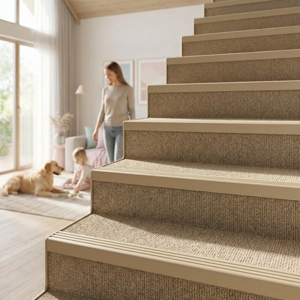 Treppenstufen mit textilen Auflagen und rutschfesten Profilkanten in einem modern eingerichteten Wohnbereich mit Frau, Kind und Hund.