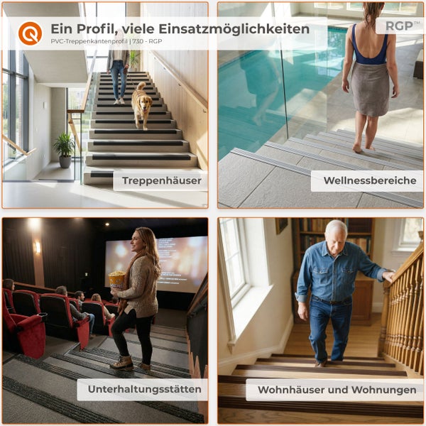 Anwendungsbeispiele für PVC-Treppenkantenprofile in Treppenhäusern, Wellnessbereichen, Kinos und Wohnhäusern zur Erhöhung der Trittsicherheit.