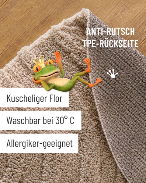 Badteppich mit weichem Flor, rutschfester TPE-Rückseite, waschbar bei 30 Grad Celsius und für Allergiker geeignet.