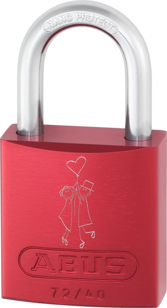 Rotes ABUS Vorhangschloss 72/40 Liebesschloss aus Aluminium mit Nano Protect Bügel, ABUS Logo und Gravur eines Paares mit Herzballon.