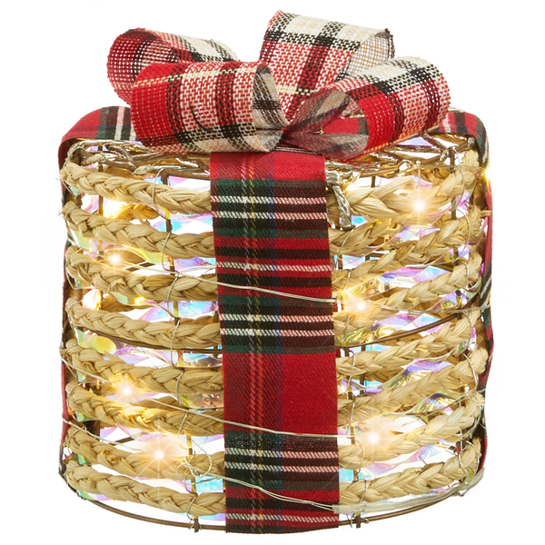 Dekoratives Geschenk mit Schleife und LED-Beleuchtung für weihnachtliche Atmosphäre