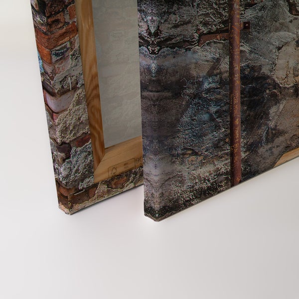 Leinwandbild mit Mauer Motiv und Holzrahmen in Ansicht der Rückseite