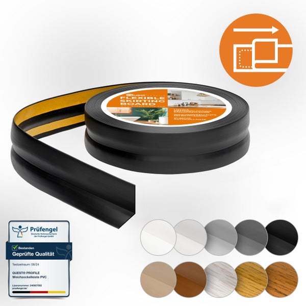 Quest Weichsockelleiste Selbstklebend 32 x 23 mm, PVC Sockelleiste, Flexibel, Schwarz, 10 Meter