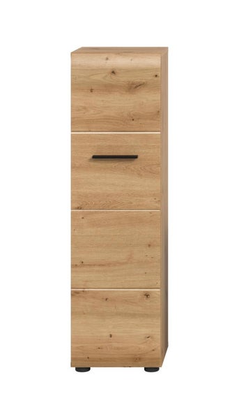 Hochschrank für das Badezimmer in Holzoptik Eiche mit vier Fronten und schwarzem Griff.
