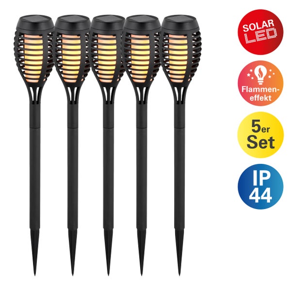 Fünf Solar LED Gartenfackeln mit Flammeneffekt und IP44 Schutzklasse als Set