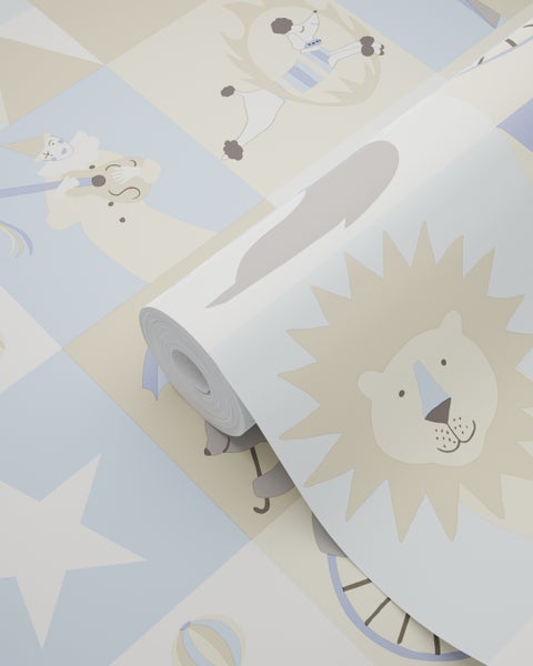 ESTAhome Tapete Zirkus Hellblau, Beige und Weiß - 53 cm x 10.05 m - 138710
