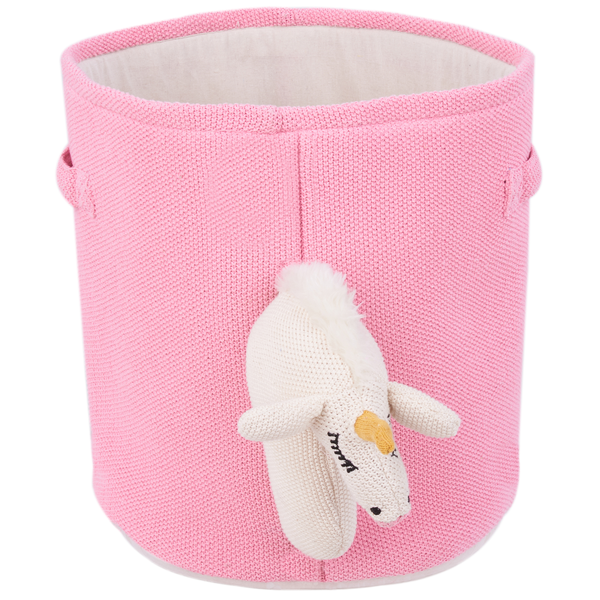 Rosa gestrickter Aufbewahrungskorb mit Einhornapplikation