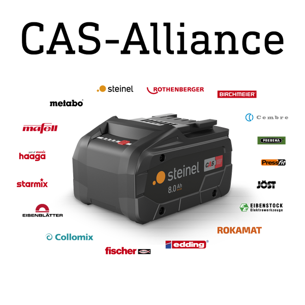 Steinel 18 Volt 8 Ampere Stunden Lithium Ionen Akku für das Cordless Alliance System mit Logos verschiedener Hersteller