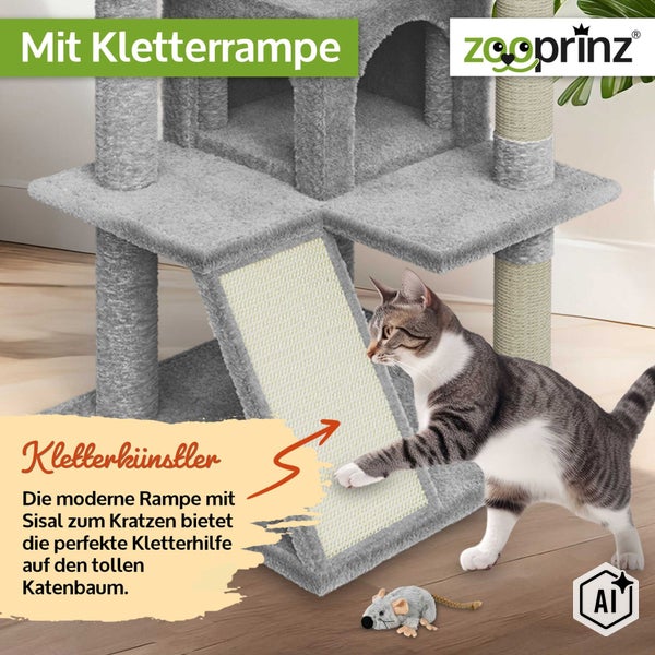 Katzenbaum mit Kletterrampe und Sisal zum Kratzen sowie einer Spielzeugmaus, Zooprinz Logo.